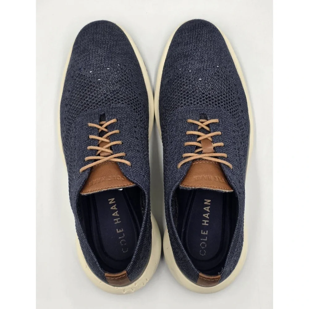 Cole Haan Mens Grand Troy Knit OX Marine Navy Blue Ivory Dress Shoes Size 8